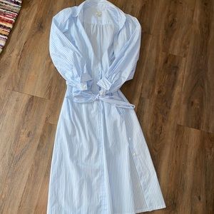 Button down tie blue and white stripe robe dress